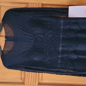 JS collections navy blue lace and bead detailing 8 Tall evening dress